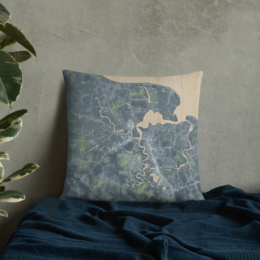 Custom Smithfield Virginia Map Throw Pillow in Afternoon on Bedding Against Wall
