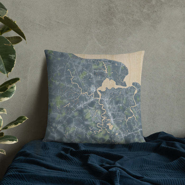 Custom Smithfield Virginia Map Throw Pillow in Afternoon on Bedding Against Wall