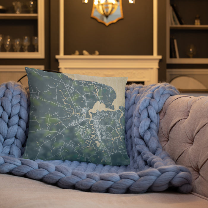 Custom Smithfield Virginia Map Throw Pillow in Afternoon on Cream Colored Couch