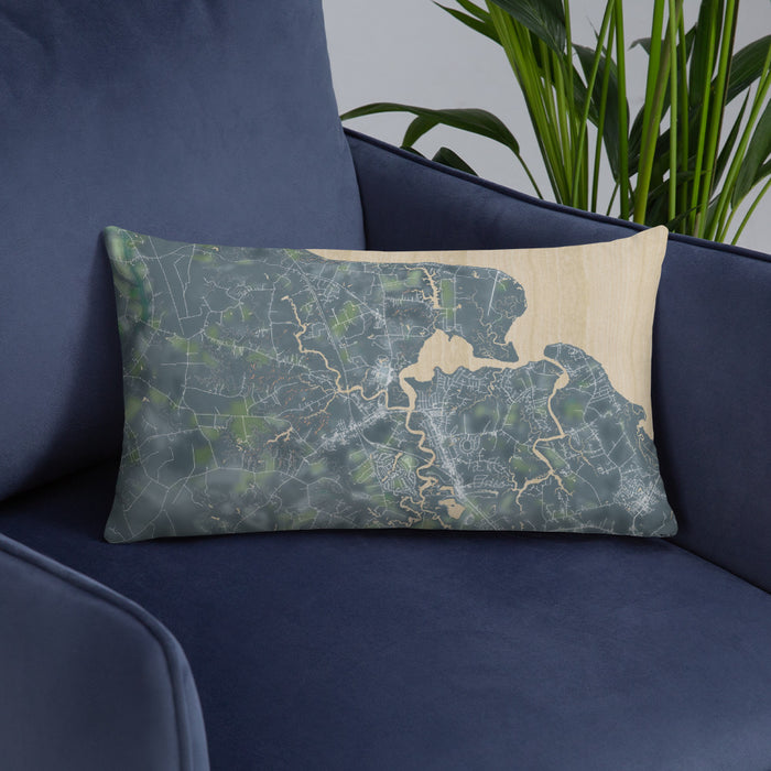 Custom Smithfield Virginia Map Throw Pillow in Afternoon on Blue Colored Chair