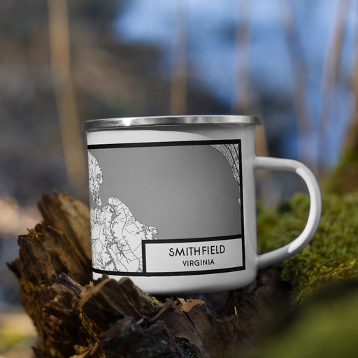 Right View Custom Smithfield Virginia Map Enamel Mug in Classic on Grass With Trees in Background