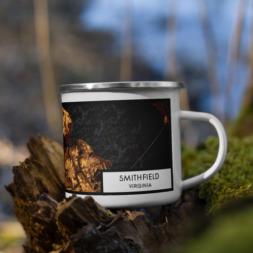 Right View Custom Smithfield Virginia Map Enamel Mug in Ember on Grass With Trees in Background
