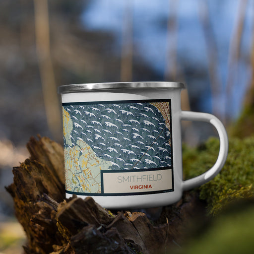 Right View Custom Smithfield Virginia Map Enamel Mug in Woodblock on Grass With Trees in Background