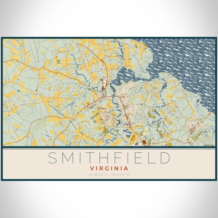 Smithfield Virginia Map Print Landscape Orientation in Woodblock Style With Shaded Background