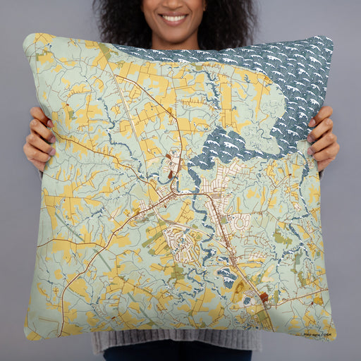 Person holding 22x22 Custom Smithfield Virginia Map Throw Pillow in Woodblock