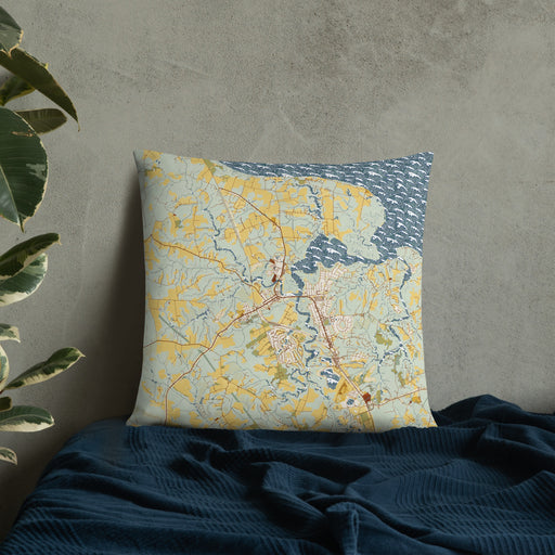 Custom Smithfield Virginia Map Throw Pillow in Woodblock on Bedding Against Wall