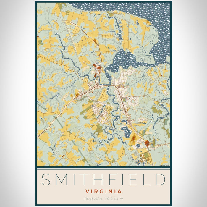Smithfield Virginia Map Print Portrait Orientation in Woodblock Style With Shaded Background