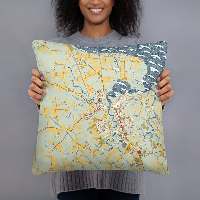 Person holding 18x18 Custom Smithfield Virginia Map Throw Pillow in Woodblock