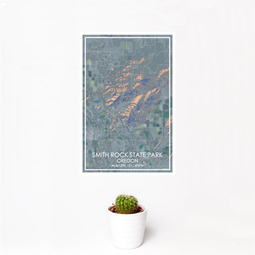 12x18 Smith Rock State Park Oregon Map Print Portrait Orientation in Afternoon Style With Small Cactus Plant in White Planter