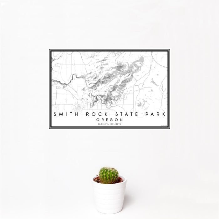 12x18 Smith Rock State Park Oregon Map Print Landscape Orientation in Classic Style With Small Cactus Plant in White Planter