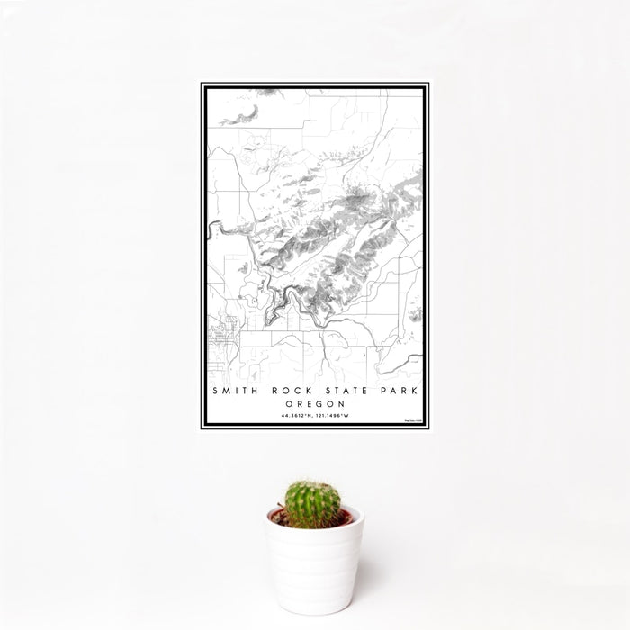12x18 Smith Rock State Park Oregon Map Print Portrait Orientation in Classic Style With Small Cactus Plant in White Planter