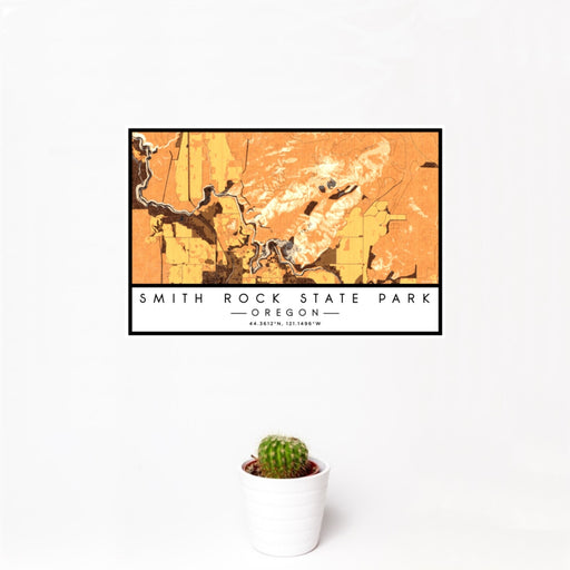 12x18 Smith Rock State Park Oregon Map Print Landscape Orientation in Ember Style With Small Cactus Plant in White Planter