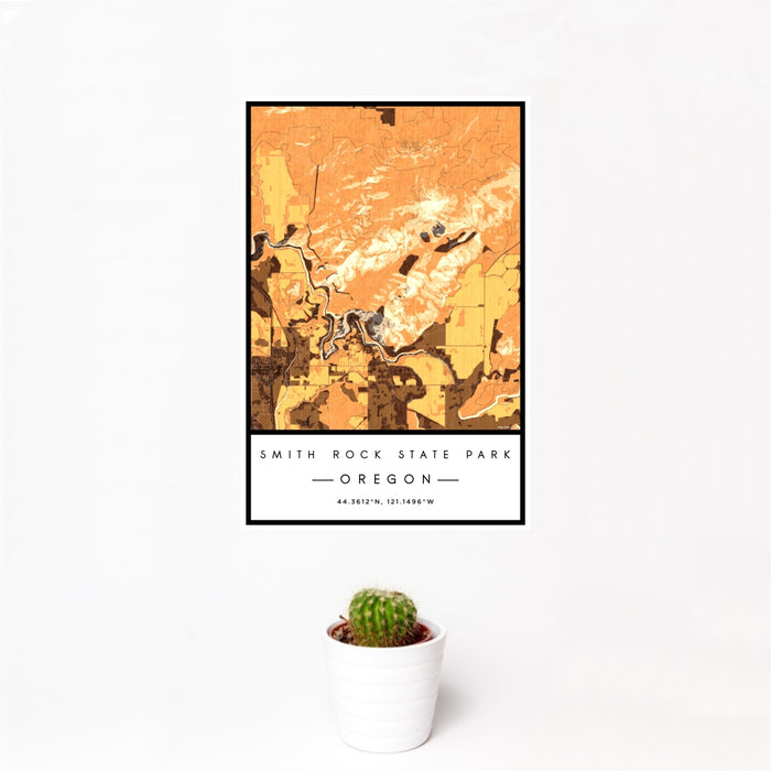 12x18 Smith Rock State Park Oregon Map Print Portrait Orientation in Ember Style With Small Cactus Plant in White Planter