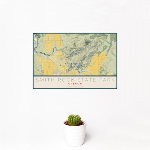 12x18 Smith Rock State Park Oregon Map Print Landscape Orientation in Woodblock Style With Small Cactus Plant in White Planter