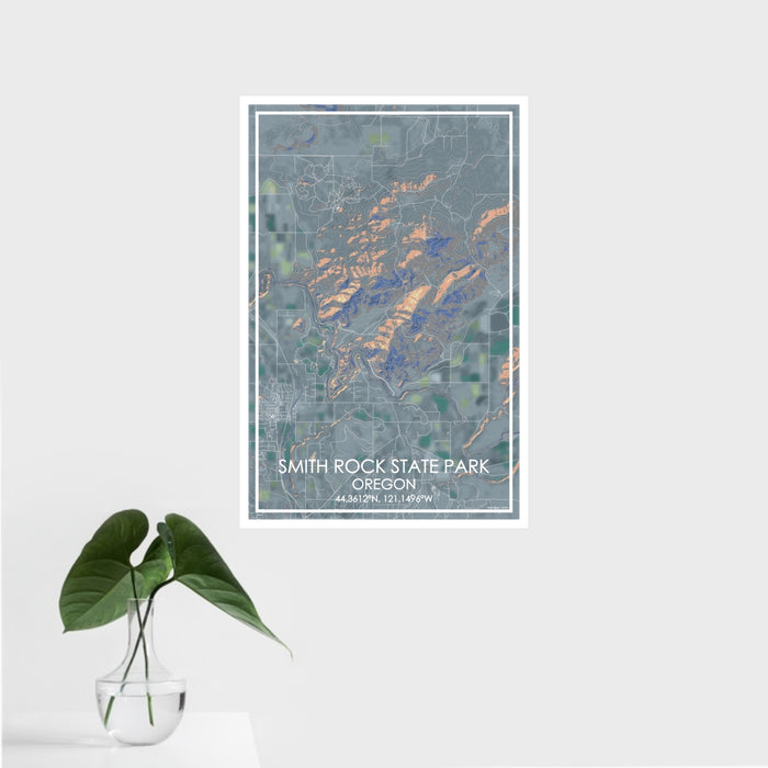 16x24 Smith Rock State Park Oregon Map Print Portrait Orientation in Afternoon Style With Tropical Plant Leaves in Water
