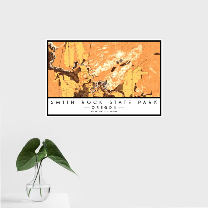 16x24 Smith Rock State Park Oregon Map Print Landscape Orientation in Ember Style With Tropical Plant Leaves in Water