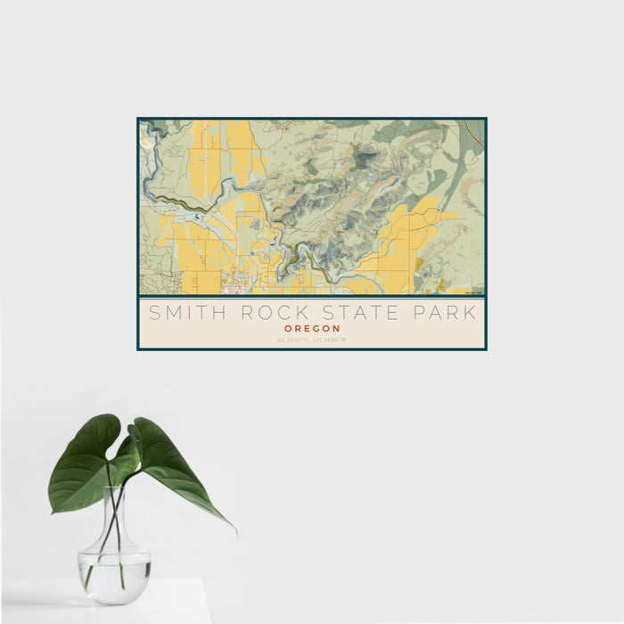 16x24 Smith Rock State Park Oregon Map Print Landscape Orientation in Woodblock Style With Tropical Plant Leaves in Water