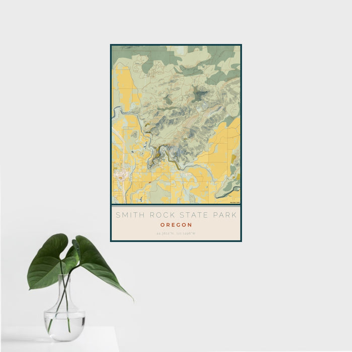 16x24 Smith Rock State Park Oregon Map Print Portrait Orientation in Woodblock Style With Tropical Plant Leaves in Water