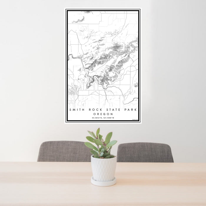 24x36 Smith Rock State Park Oregon Map Print Portrait Orientation in Classic Style Behind 2 Chairs Table and Potted Plant