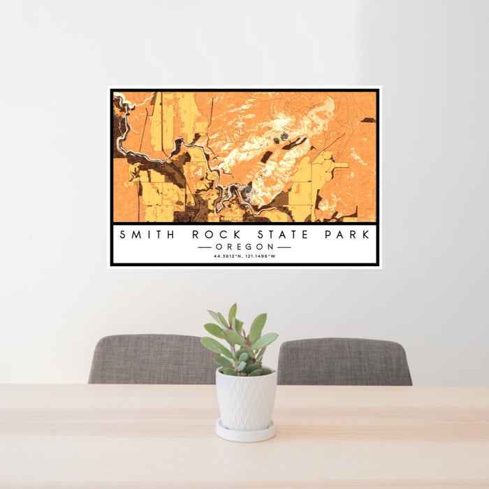 24x36 Smith Rock State Park Oregon Map Print Lanscape Orientation in Ember Style Behind 2 Chairs Table and Potted Plant