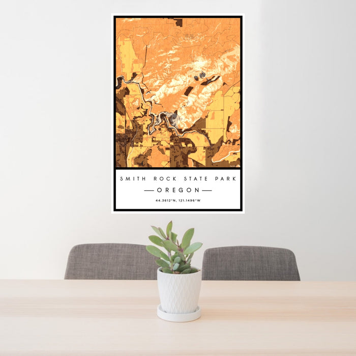 24x36 Smith Rock State Park Oregon Map Print Portrait Orientation in Ember Style Behind 2 Chairs Table and Potted Plant