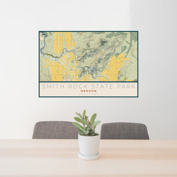 24x36 Smith Rock State Park Oregon Map Print Lanscape Orientation in Woodblock Style Behind 2 Chairs Table and Potted Plant