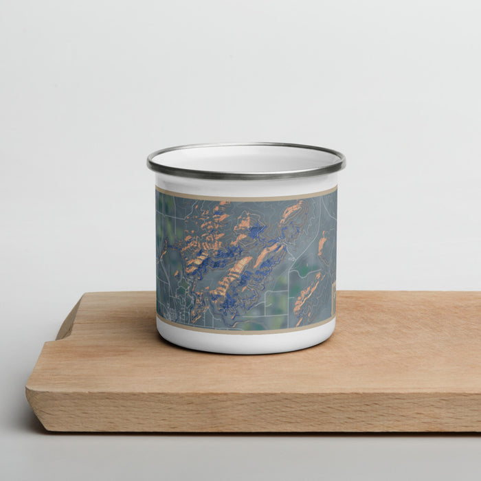 Front View Custom Smith Rock State Park Oregon Map Enamel Mug in Afternoon on Cutting Board