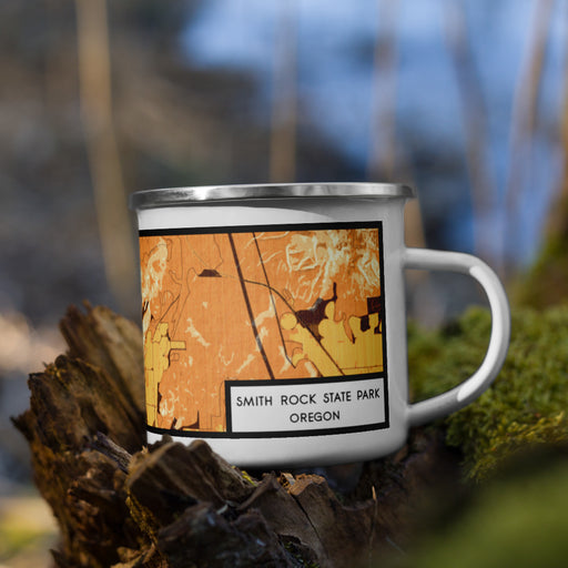 Right View Custom Smith Rock State Park Oregon Map Enamel Mug in Ember on Grass With Trees in Background