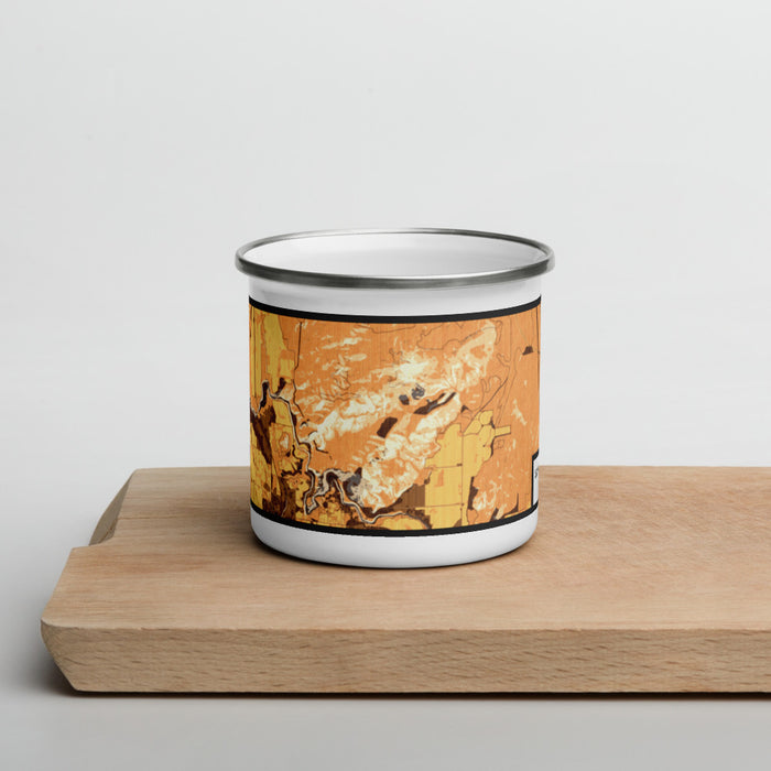 Front View Custom Smith Rock State Park Oregon Map Enamel Mug in Ember on Cutting Board