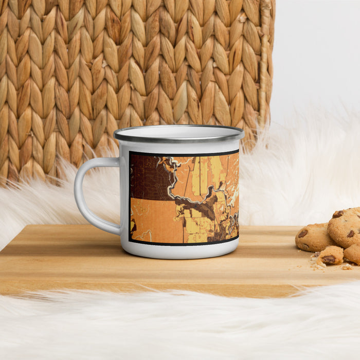 Left View Custom Smith Rock State Park Oregon Map Enamel Mug in Ember on Table Top