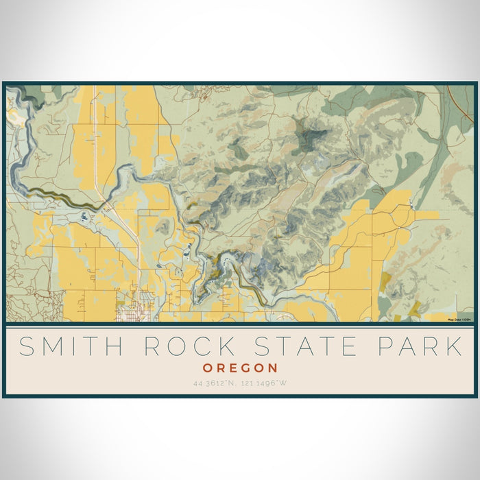 Smith Rock State Park Oregon Map Print Landscape Orientation in Woodblock Style With Shaded Background