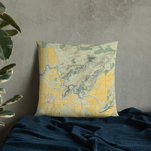 Custom Smith Rock State Park Oregon Map Throw Pillow in Woodblock on Bedding Against Wall