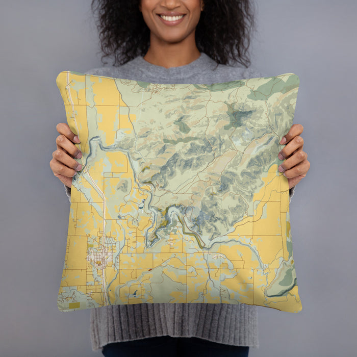 Person holding 18x18 Custom Smith Rock State Park Oregon Map Throw Pillow in Woodblock