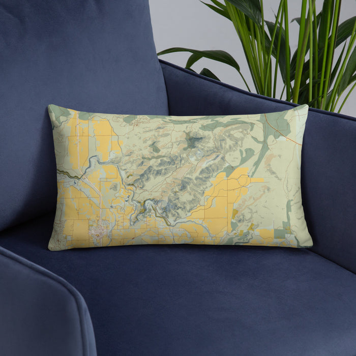 Custom Smith Rock State Park Oregon Map Throw Pillow in Woodblock on Blue Colored Chair