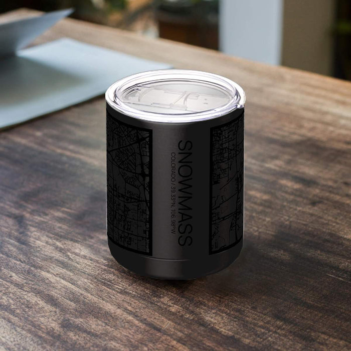 Snowmass Colorado Custom City Map Inscription Coordinates on 10oz Stainless Steel Insulated Cup in Matte Black with Sliding Lid