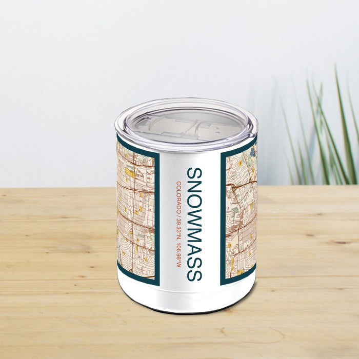 Snowmass Colorado Custom City Map Inscription Coordinates on 10oz Stainless Steel Insulated Cup in Woodblock with Sliding Lid