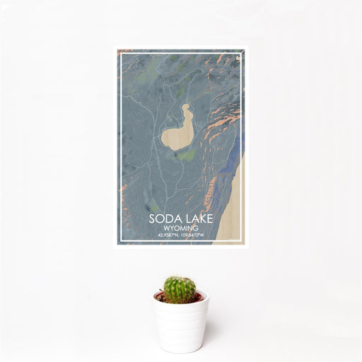 12x18 Soda Lake Wyoming Map Print Portrait Orientation in Afternoon Style With Small Cactus Plant in White Planter