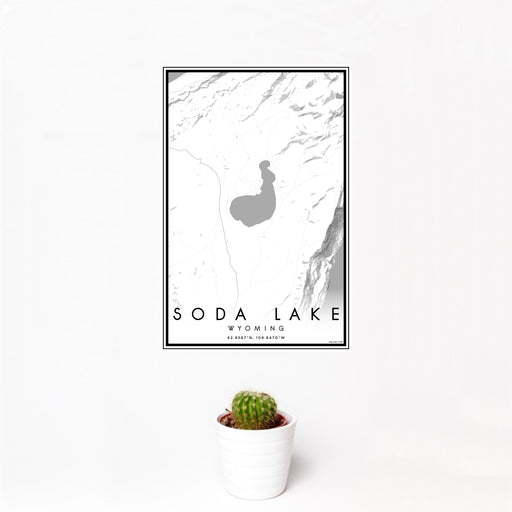 12x18 Soda Lake Wyoming Map Print Portrait Orientation in Classic Style With Small Cactus Plant in White Planter