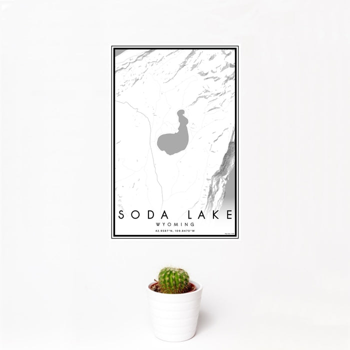 12x18 Soda Lake Wyoming Map Print Portrait Orientation in Classic Style With Small Cactus Plant in White Planter