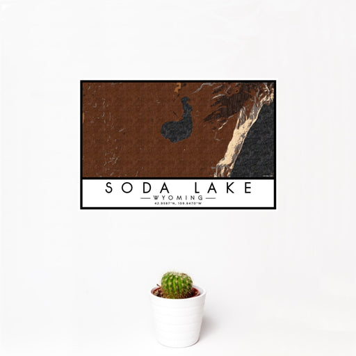 12x18 Soda Lake Wyoming Map Print Landscape Orientation in Ember Style With Small Cactus Plant in White Planter