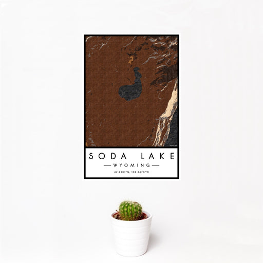12x18 Soda Lake Wyoming Map Print Portrait Orientation in Ember Style With Small Cactus Plant in White Planter