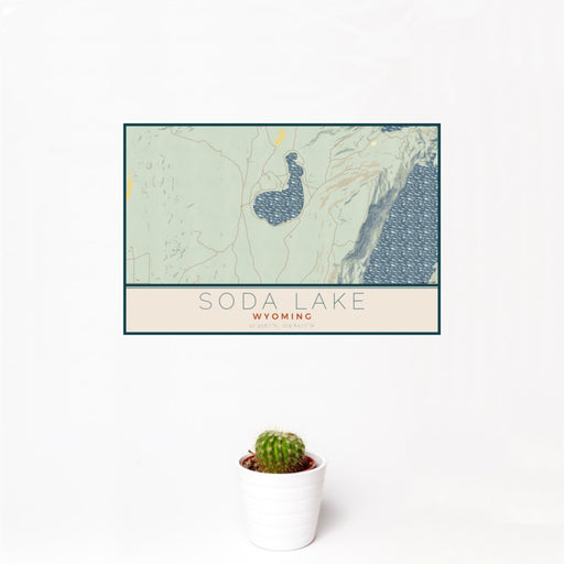 12x18 Soda Lake Wyoming Map Print Landscape Orientation in Woodblock Style With Small Cactus Plant in White Planter