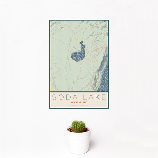 12x18 Soda Lake Wyoming Map Print Portrait Orientation in Woodblock Style With Small Cactus Plant in White Planter
