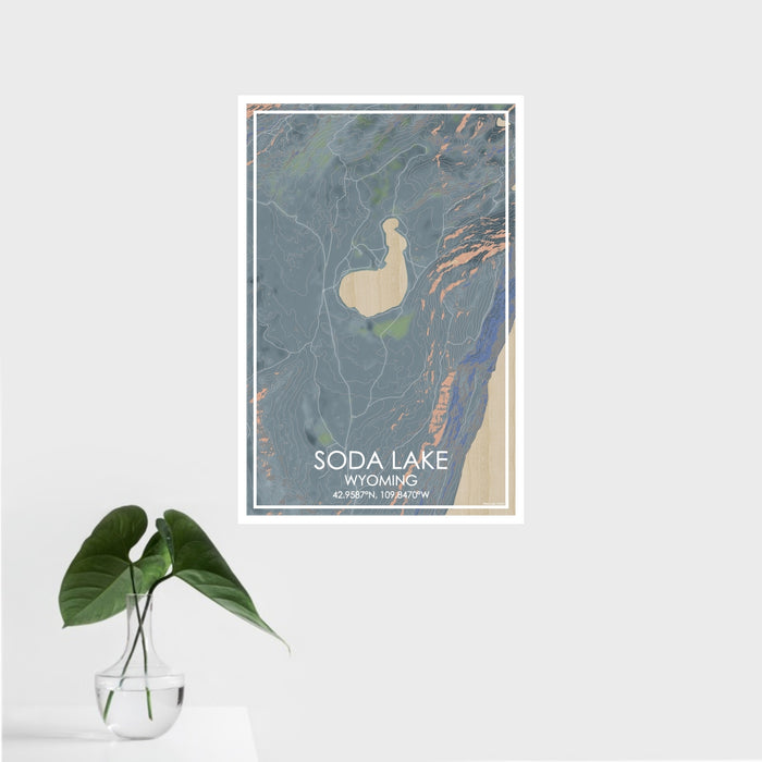 16x24 Soda Lake Wyoming Map Print Portrait Orientation in Afternoon Style With Tropical Plant Leaves in Water