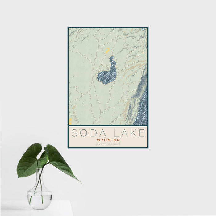 16x24 Soda Lake Wyoming Map Print Portrait Orientation in Woodblock Style With Tropical Plant Leaves in Water
