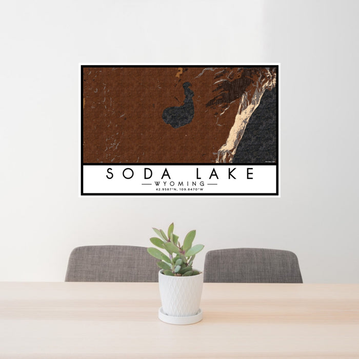 24x36 Soda Lake Wyoming Map Print Lanscape Orientation in Ember Style Behind 2 Chairs Table and Potted Plant