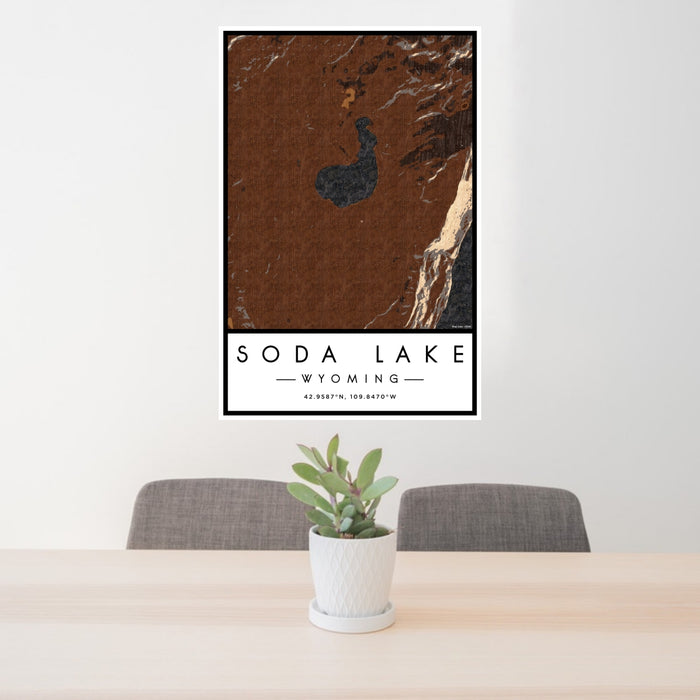 24x36 Soda Lake Wyoming Map Print Portrait Orientation in Ember Style Behind 2 Chairs Table and Potted Plant