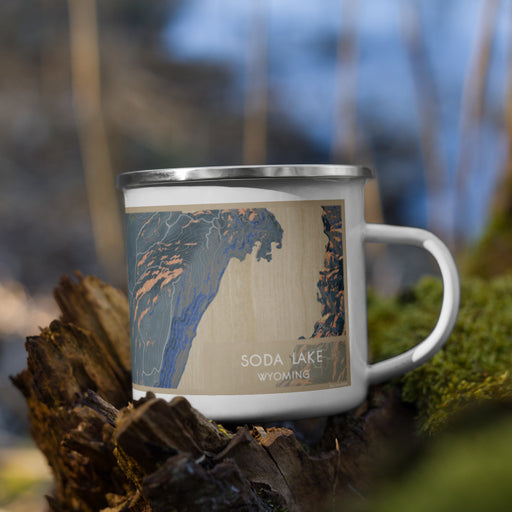 Right View Custom Soda Lake Wyoming Map Enamel Mug in Afternoon on Grass With Trees in Background