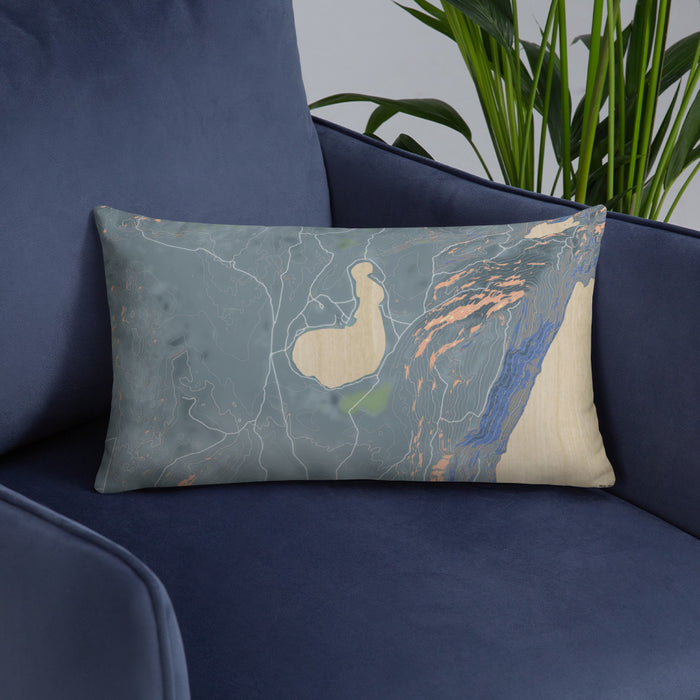 Custom Soda Lake Wyoming Map Throw Pillow in Afternoon on Blue Colored Chair