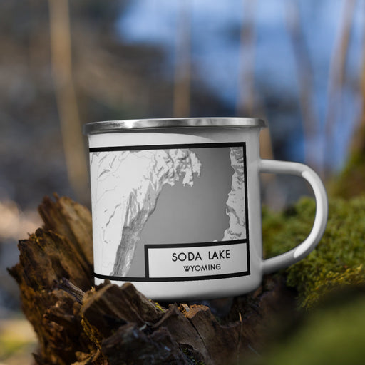 Right View Custom Soda Lake Wyoming Map Enamel Mug in Classic on Grass With Trees in Background